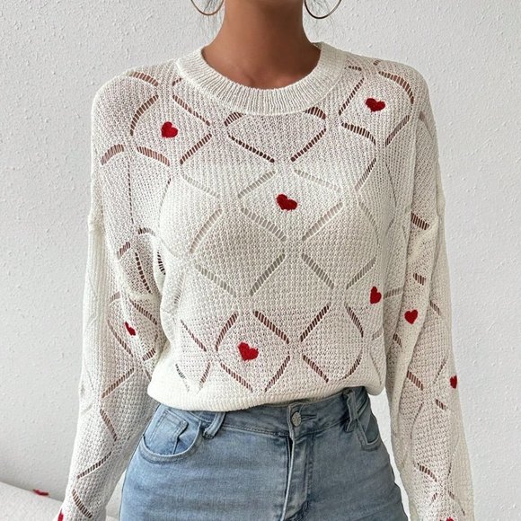 White Casual Womens Love Heart Embroidery Hollow Out Knitted Sweater - Picture 3 of 5
